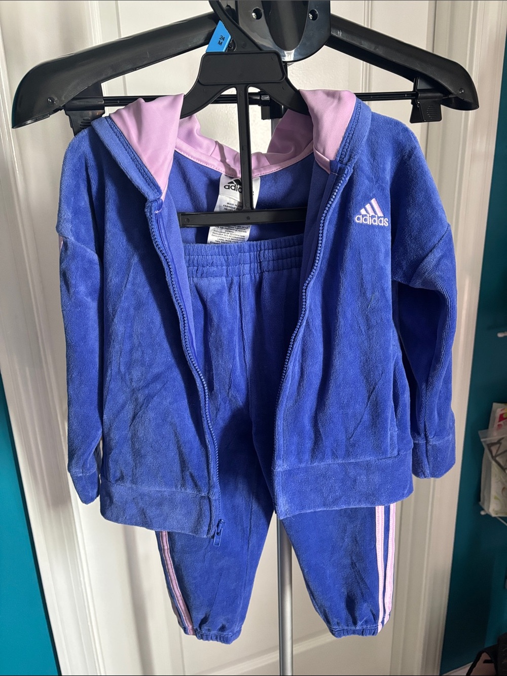 Adidas Blue/Pink(Lilac) Toddler Velour Hooded Jogger Set with Pink Trim